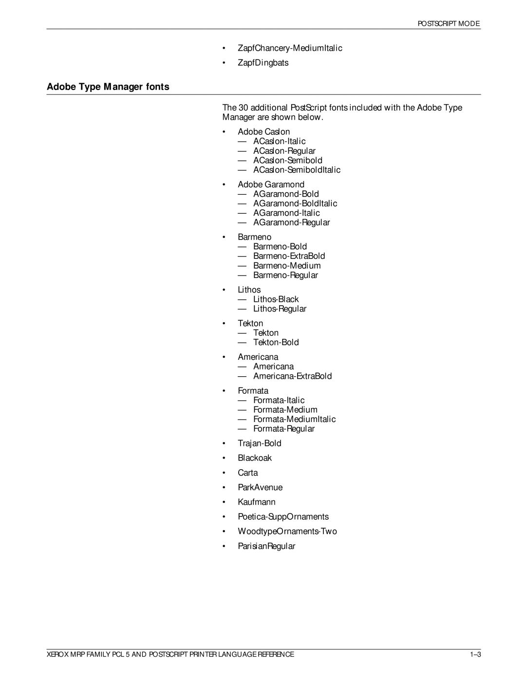 Xerox 4215/MRP manual Adobe Type Manager fonts, · ZapfChancery-MediumItalic · ZapfDingbats 