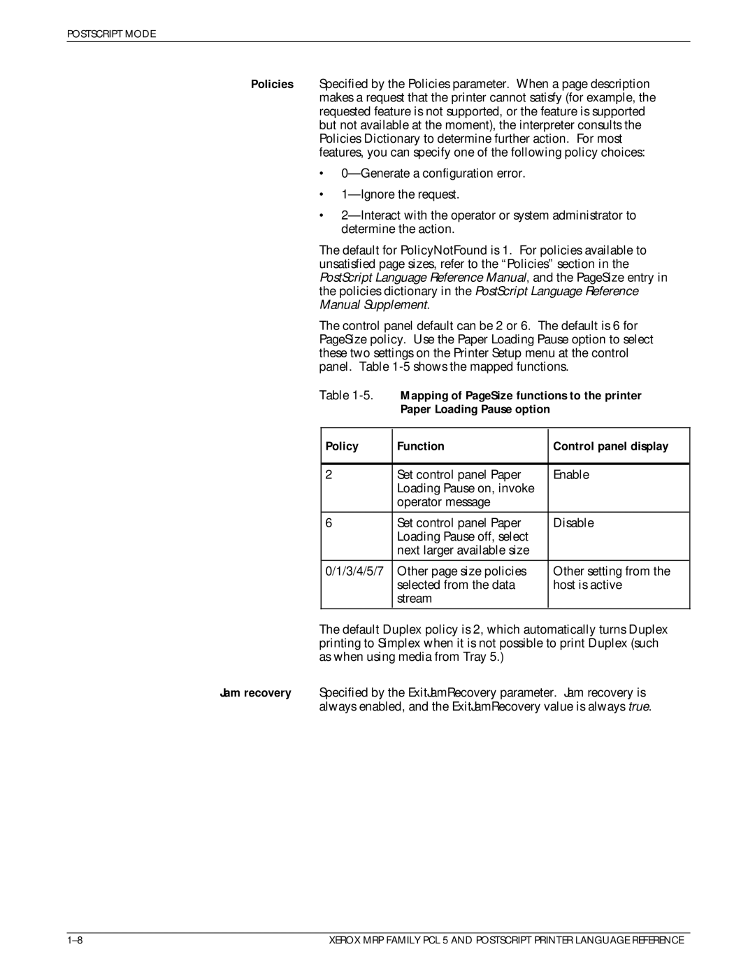 Xerox 4215/MRP manual Mapping of PageSize functions to the printer, Policy Function Control panel display 