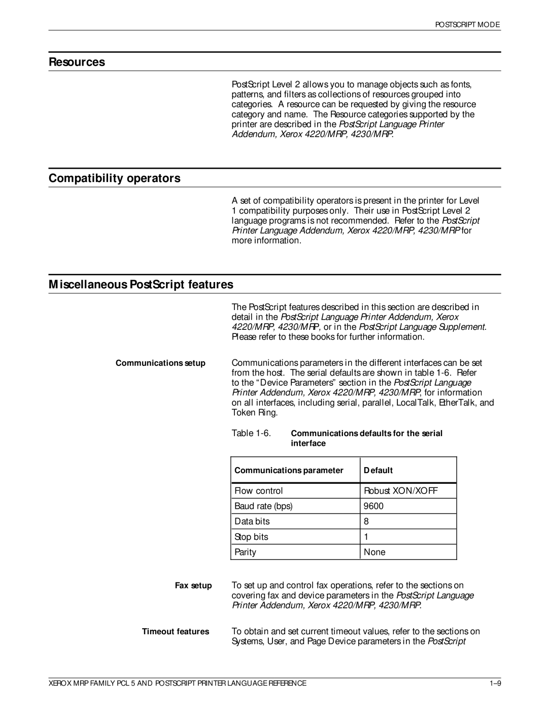 Xerox 4215/MRP manual Resources, Compatibility operators, Miscellaneous PostScript features 