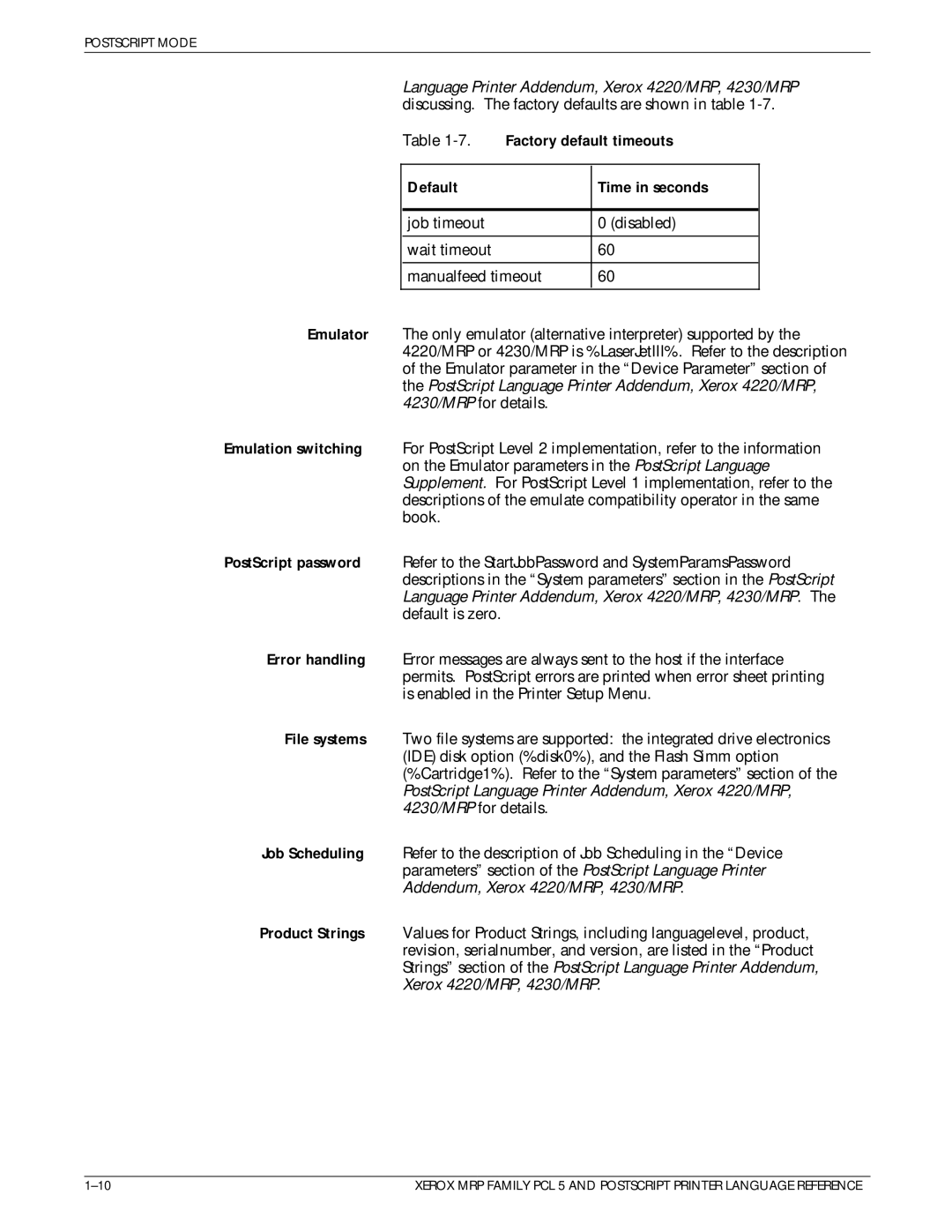 Xerox 4215/MRP manual Factory default timeouts Default Time in seconds 