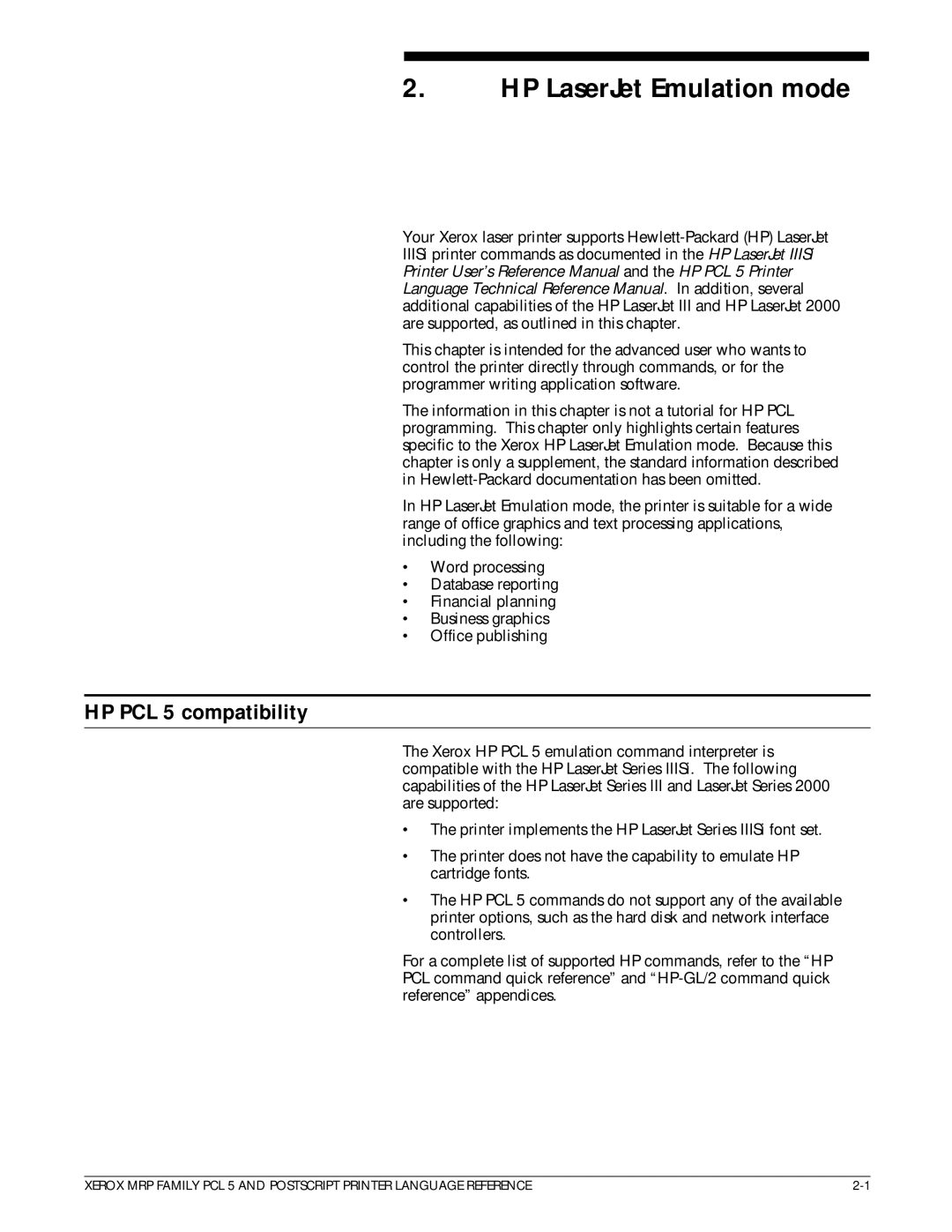 Xerox 4215/MRP manual HP LaserJet Emulation mode, HP PCL 5 compatibility 