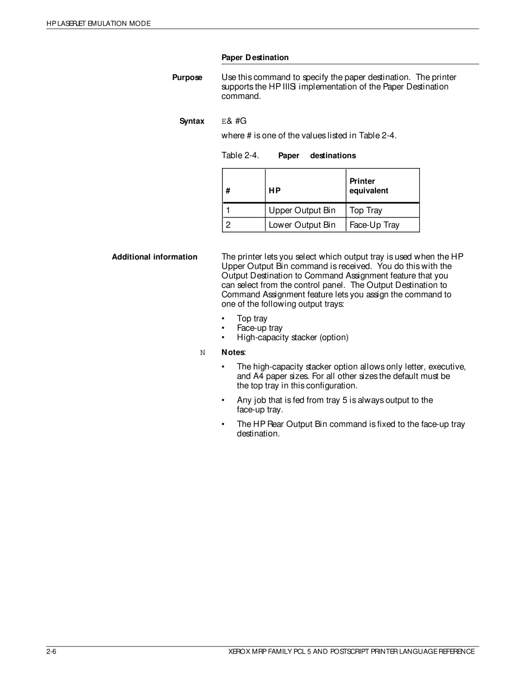 Xerox 4215/MRP manual Paper Destination, Syntax E& #G, Paper destinations, Printer 