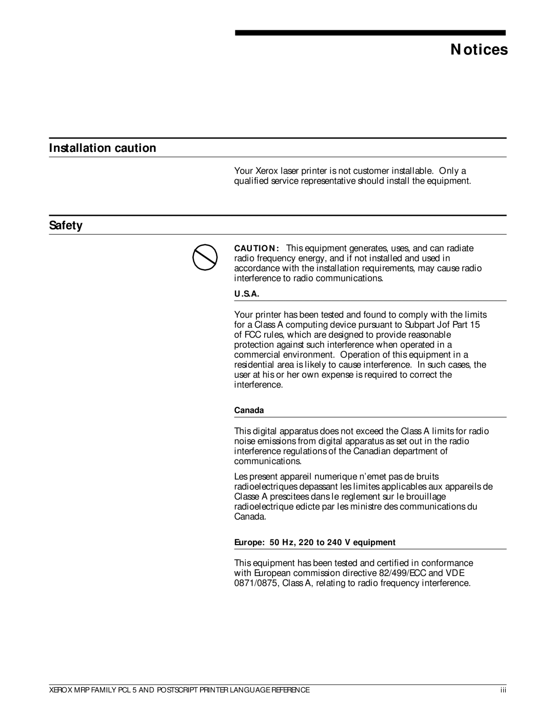 Xerox 4215/MRP manual Installation caution, Safety, Canada, Europe 50 Hz, 220 to 240 V equipment 