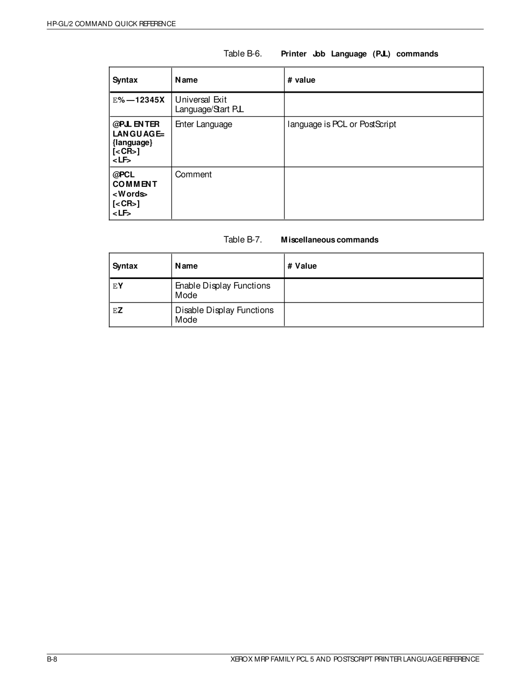 Xerox 4215/MRP manual Enter Language Language is PCL or PostScript, Comment 