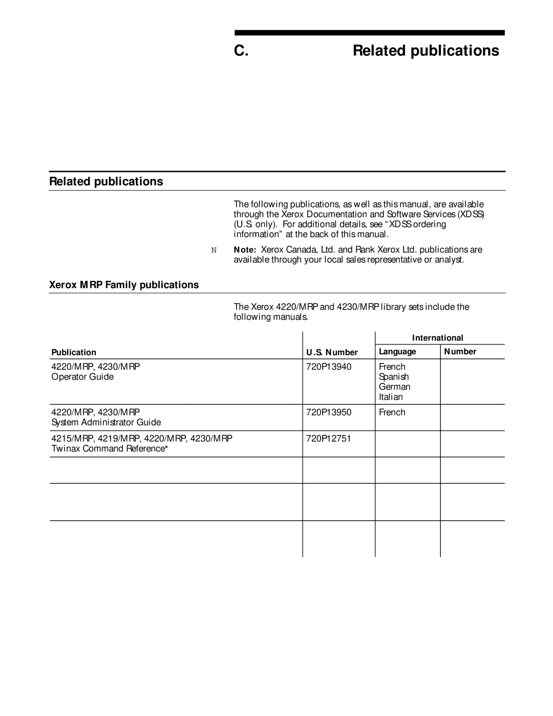 Xerox 4215/MRP manual Related publications, Xerox MRP Family publications, International, Publication Number Language 