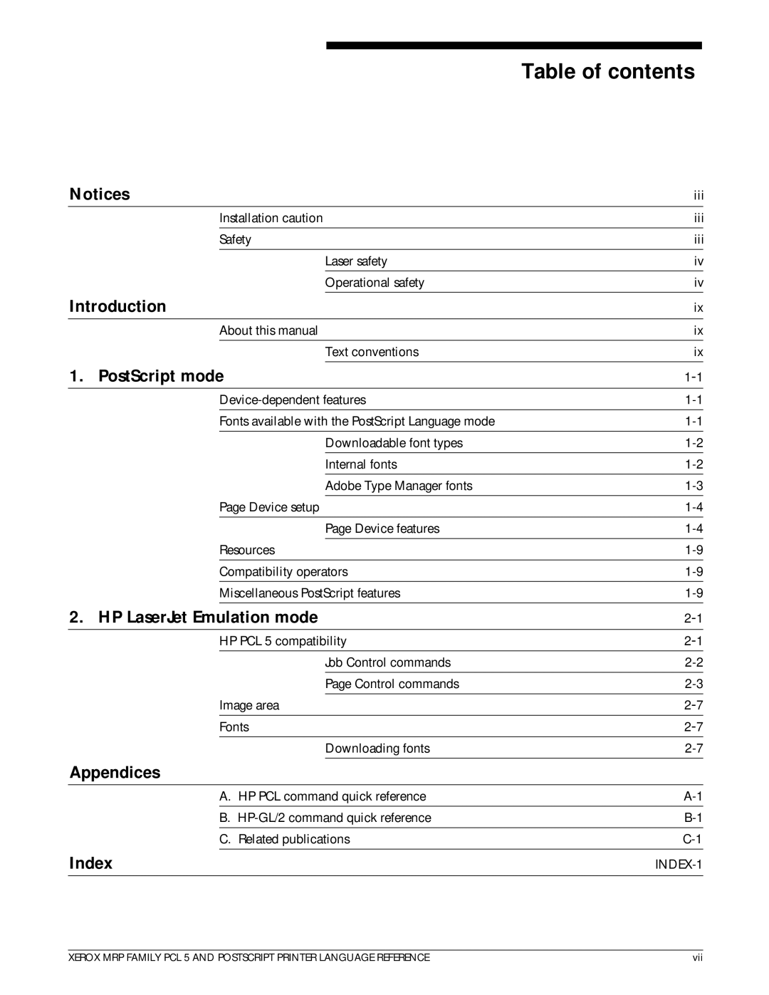 Xerox 4215/MRP manual Table of contents 