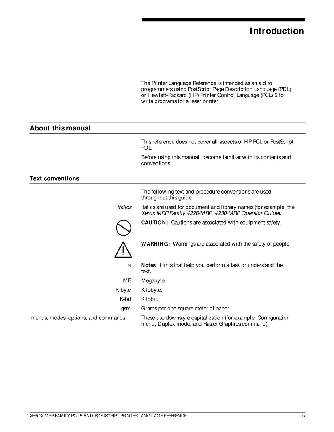 Xerox 4215/MRP About this manual, Text conventions 