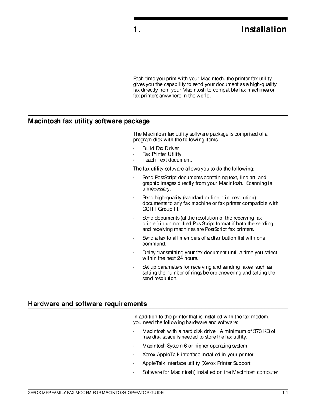 Xerox 4215/MRP, 4230/MRP, 4220/MRP Installation, Macintosh fax utility software package, Hardware and software requirements 