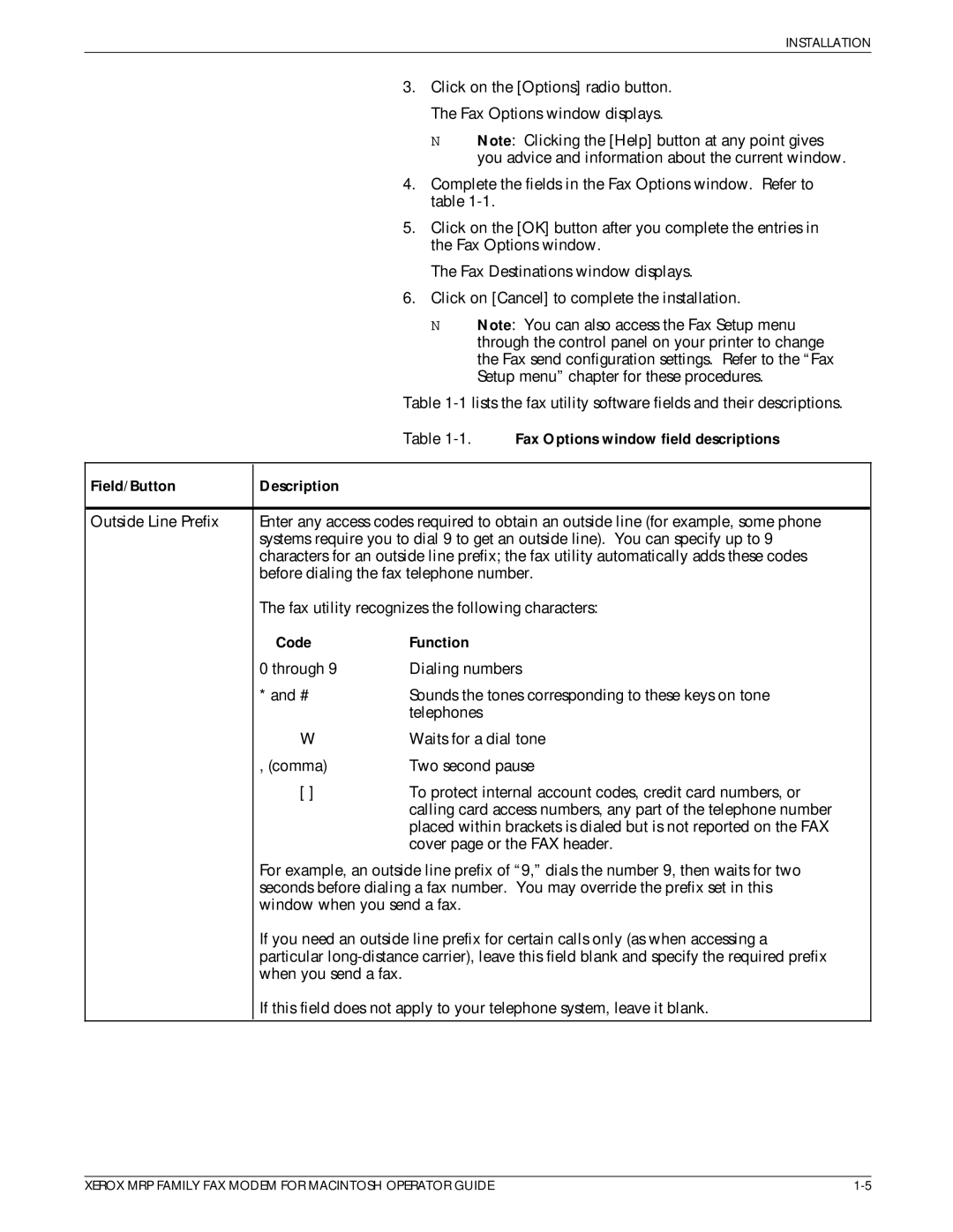 Xerox 4215/MRP, 4230/MRP, 4220/MRP, 4219/MRP Fax Options window field descriptions, Field/Button Description, Code Function 