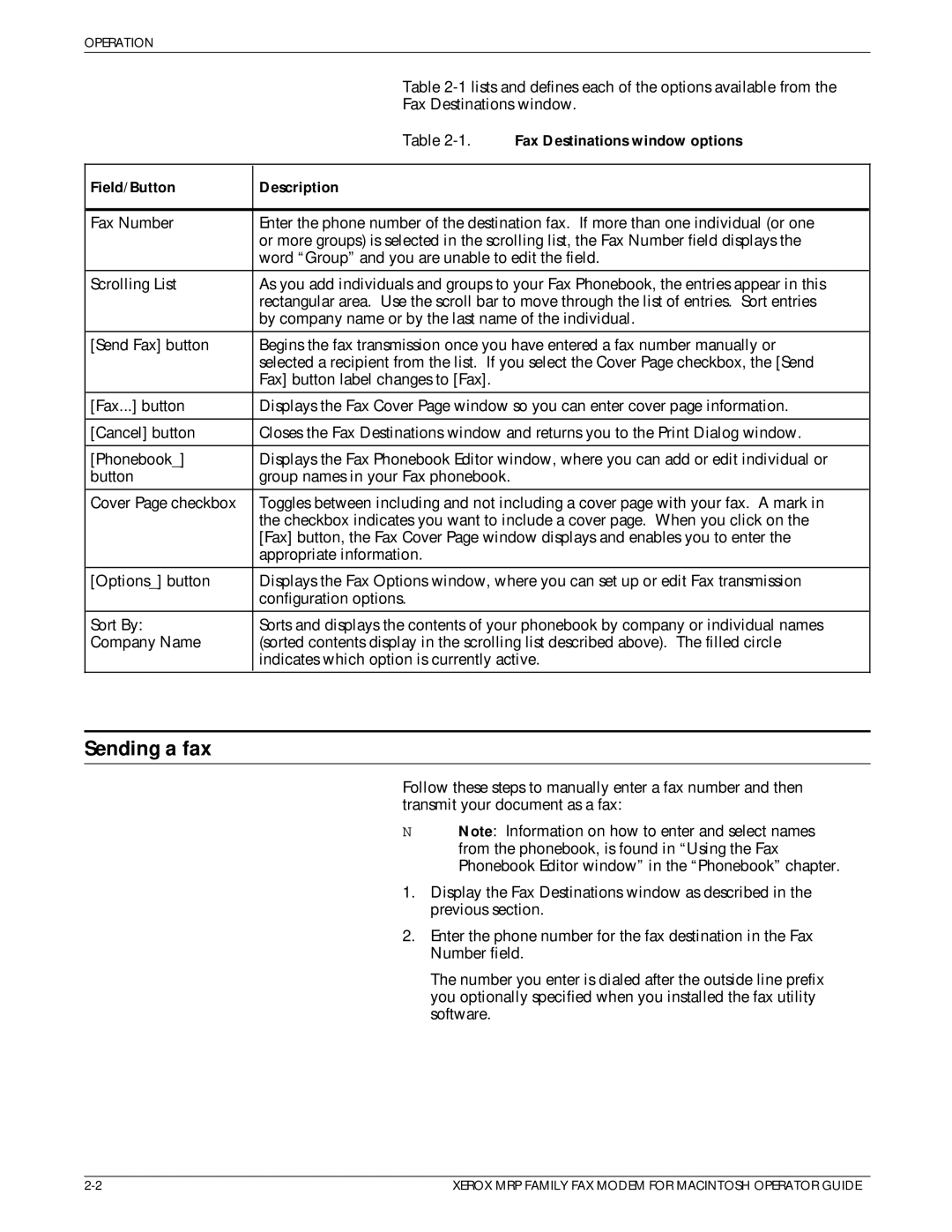 Xerox 4219/MRP, 4230/MRP, 4220/MRP, 4215/MRP manual Sending a fax, Fax Destinations window options 