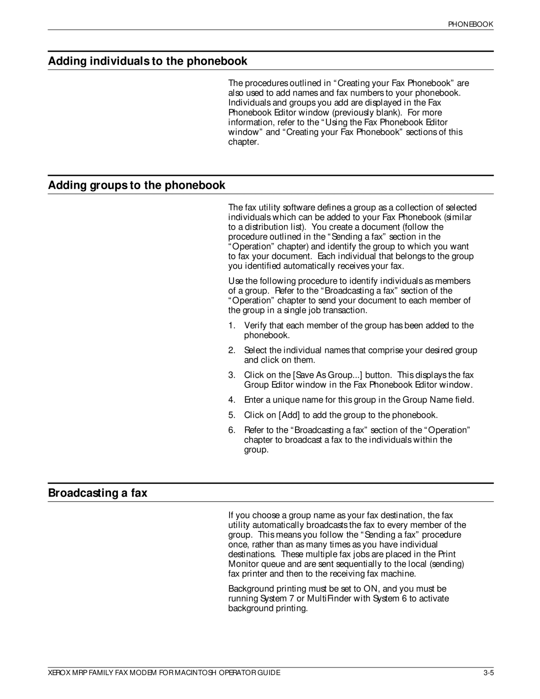 Xerox 4215/MRP, 4230/MRP, 4220/MRP Adding individuals to the phonebook, Adding groups to the phonebook, Broadcasting a fax 