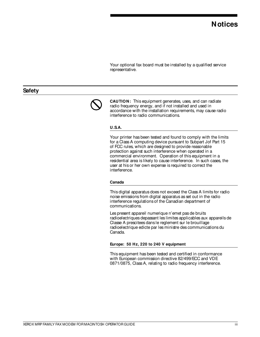 Xerox 4215/MRP, 4230/MRP, 4220/MRP, 4219/MRP manual Safety, Canada, Europe 50 Hz, 220 to 240 V equipment 