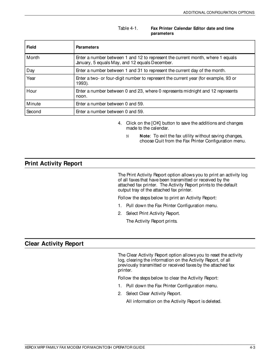 Xerox 4215/MRP manual Print Activity Report, Clear Activity Report, Fax Printer Calendar Editor date and time, Parameters 