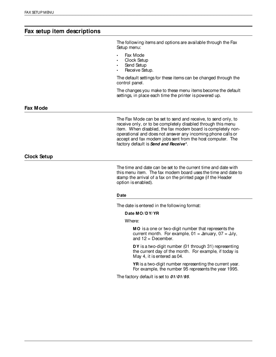 Xerox 4230/MRP, 4220/MRP, 4219/MRP, 4215/MRP manual Fax setup item descriptions, Fax Mode, Clock Setup, Date MO/DY/YR 