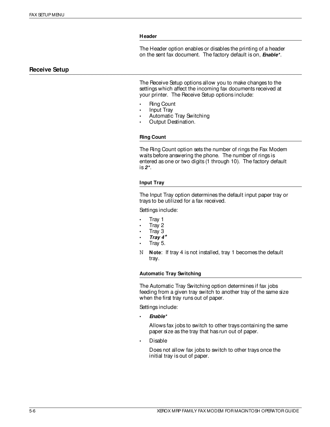 Xerox 4219/MRP, 4230/MRP, 4220/MRP, 4215/MRP manual Receive Setup, Header, Ring Count, Input Tray, Automatic Tray Switching 