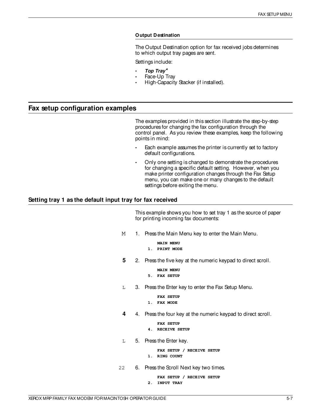 Xerox 4215/MRP, 4230/MRP manual Fax setup configuration examples, Setting tray 1 as the default input tray for fax received 