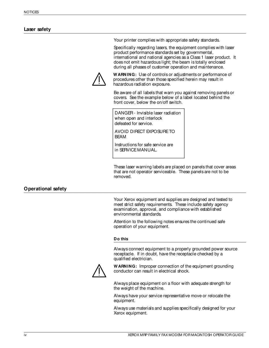 Xerox 4230/MRP, 4220/MRP, 4219/MRP, 4215/MRP manual Laser safety, Operational safety, Do this 