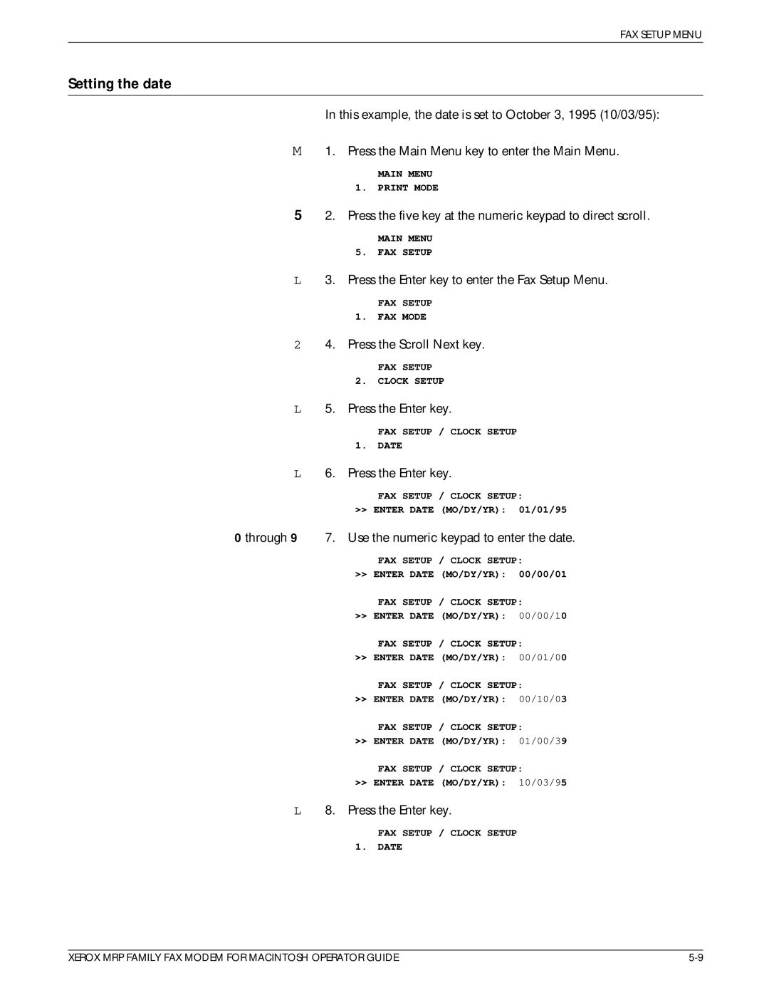 Xerox 4220/MRP, 4230/MRP, 4219/MRP, 4215/MRP manual Setting the date, Through 9 7. Use the numeric keypad to enter the date 