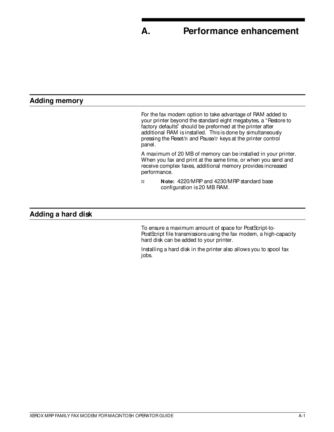 Xerox 4220/MRP, 4230/MRP, 4219/MRP, 4215/MRP manual Performance enhancement, Adding memory, Adding a hard disk 