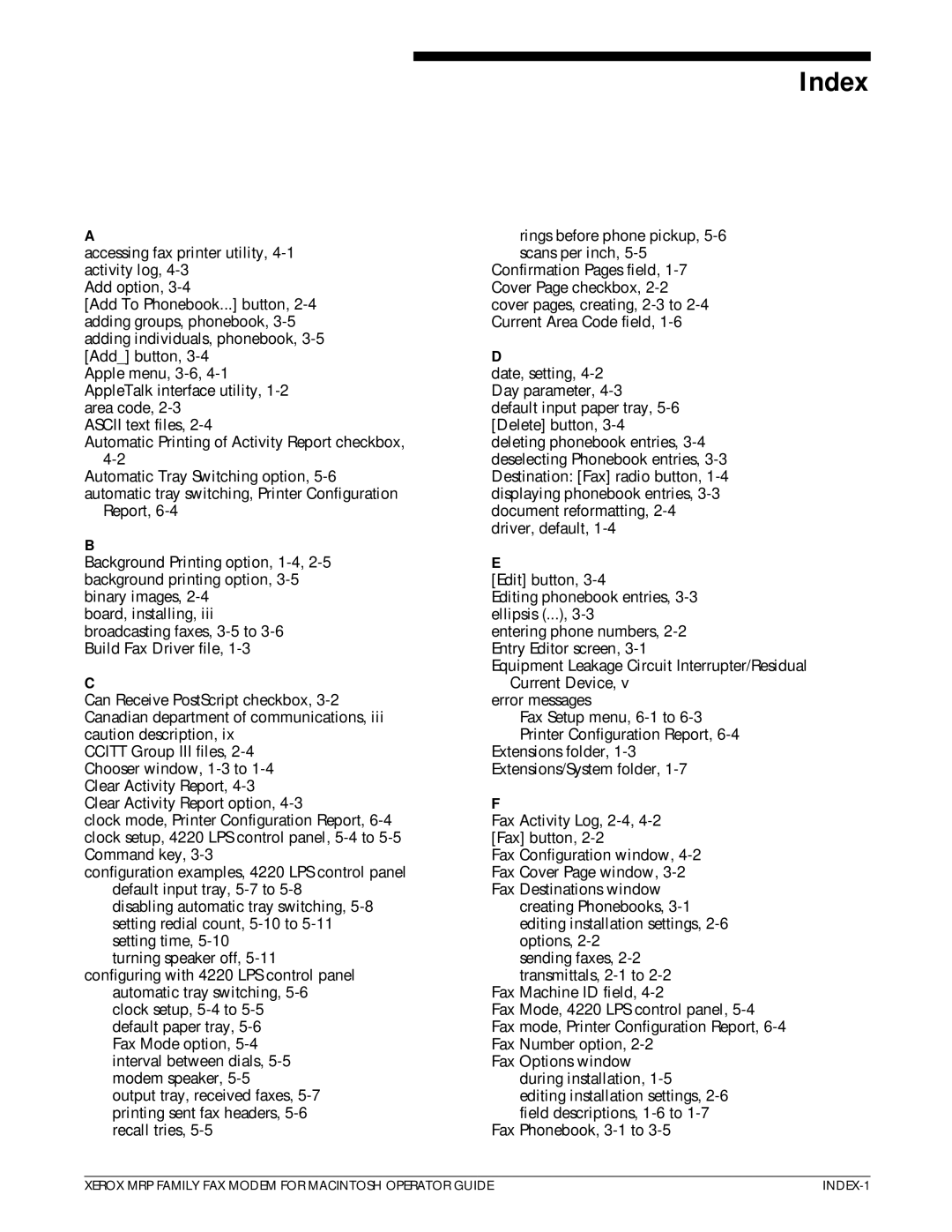 Xerox 4220/MRP, 4230/MRP, 4219/MRP, 4215/MRP manual Index 