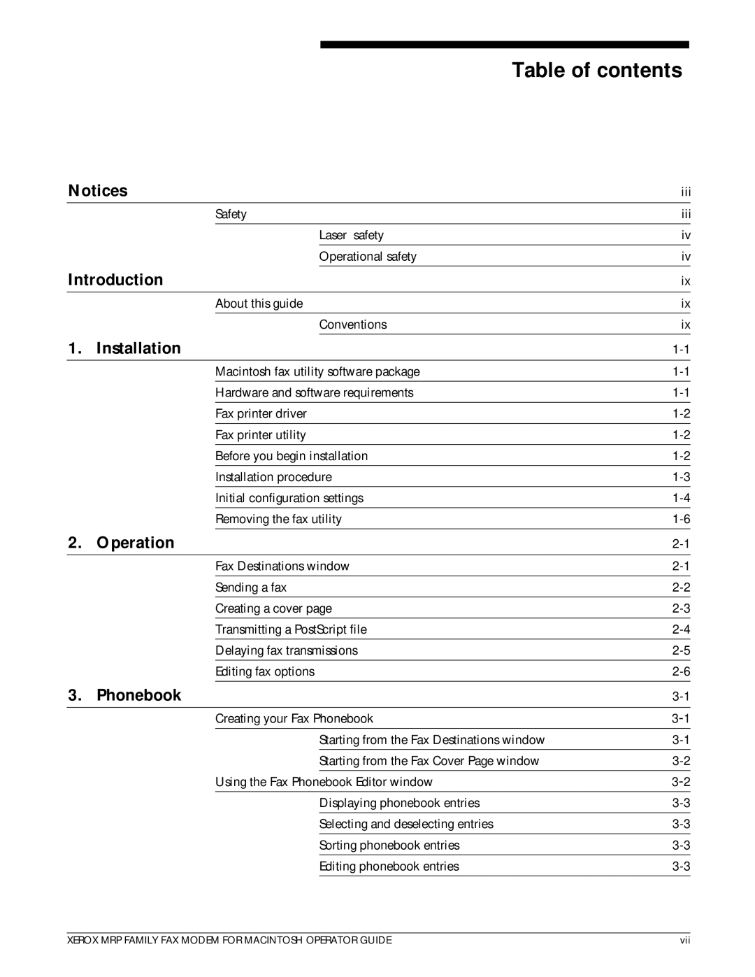 Xerox 4215/MRP, 4230/MRP, 4220/MRP, 4219/MRP manual Table of contents 