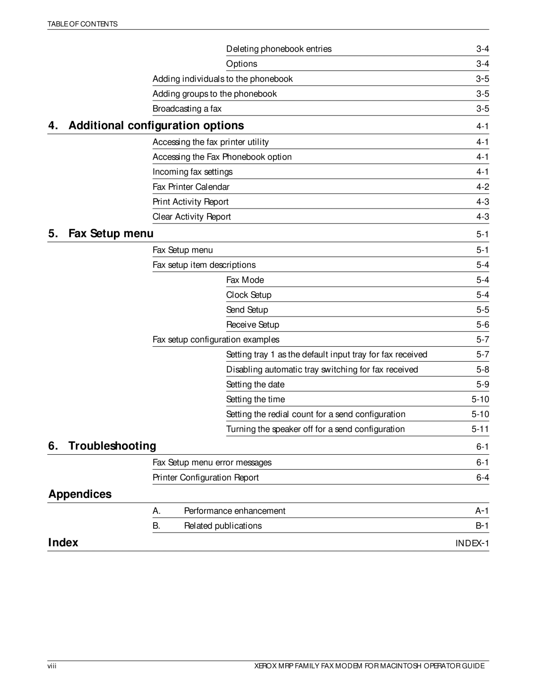 Xerox 4230/MRP, 4220/MRP, 4219/MRP Additional configuration options, Fax Setup menu, Troubleshooting, Appendices, Index 