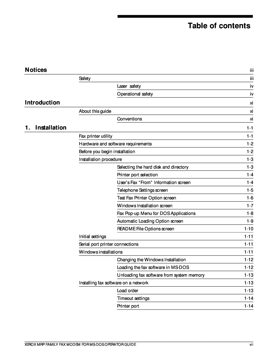 Xerox 4220/MRP, 4230/MRP, 4219/MRP manual Table of contents, Notices, Introduction, Installation 