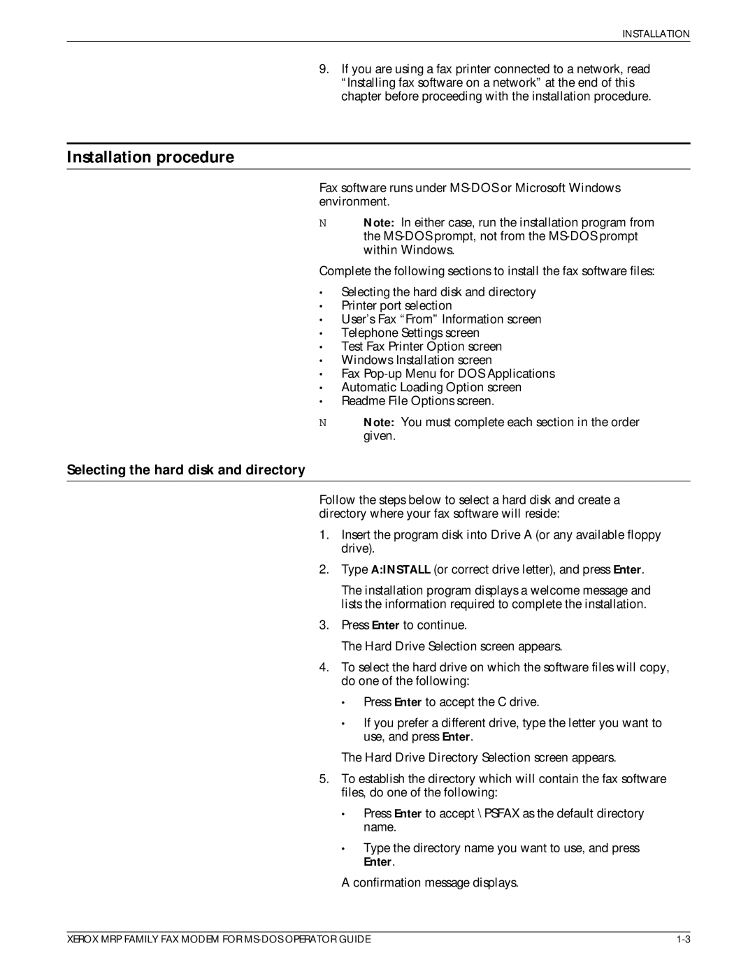 Xerox 4230/MRP, 4220/MRP, 4219/MRP manual Installation procedure, Selecting the hard disk and directory 