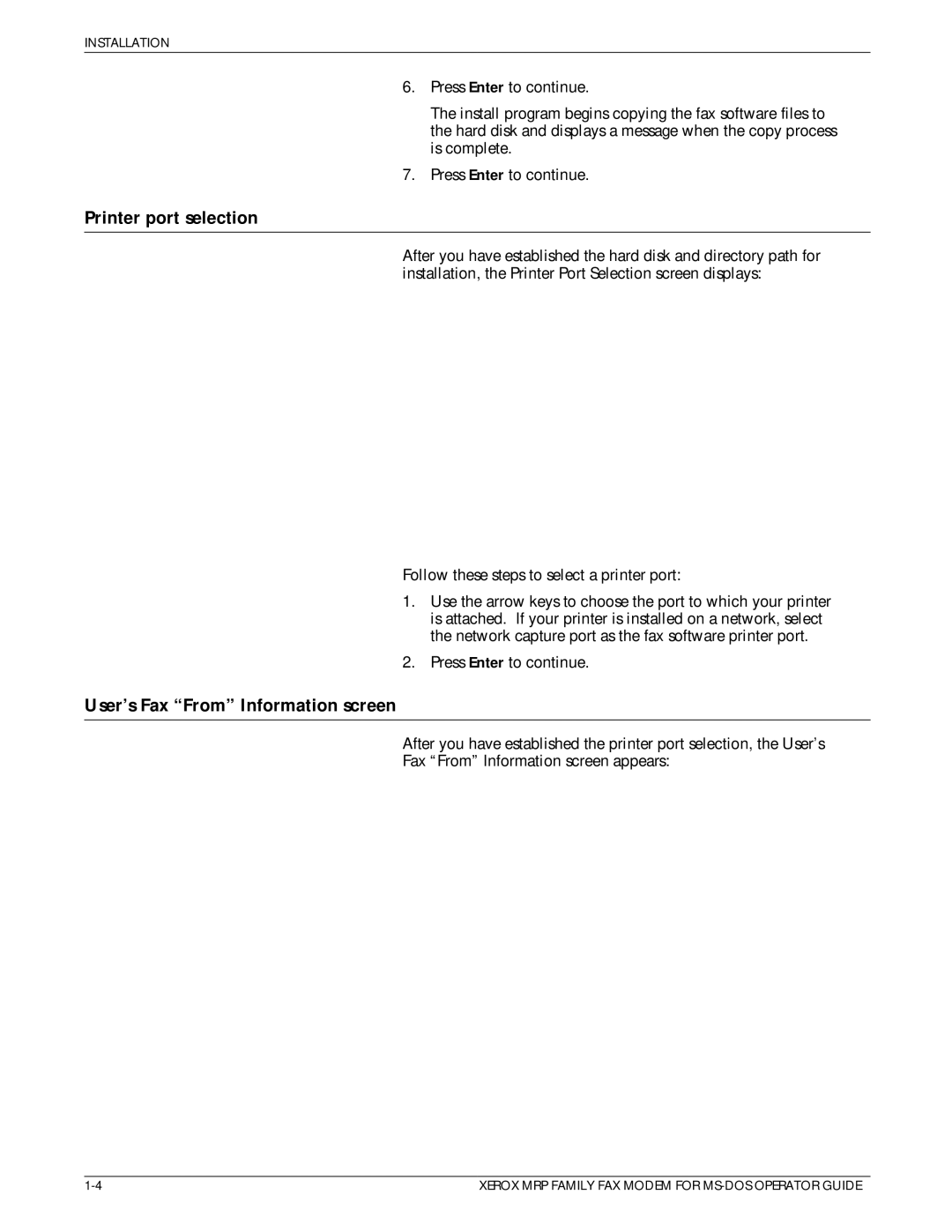 Xerox 4220/MRP, 4230/MRP, 4219/MRP manual Printer port selection, Users Fax ªFromº Information screen 