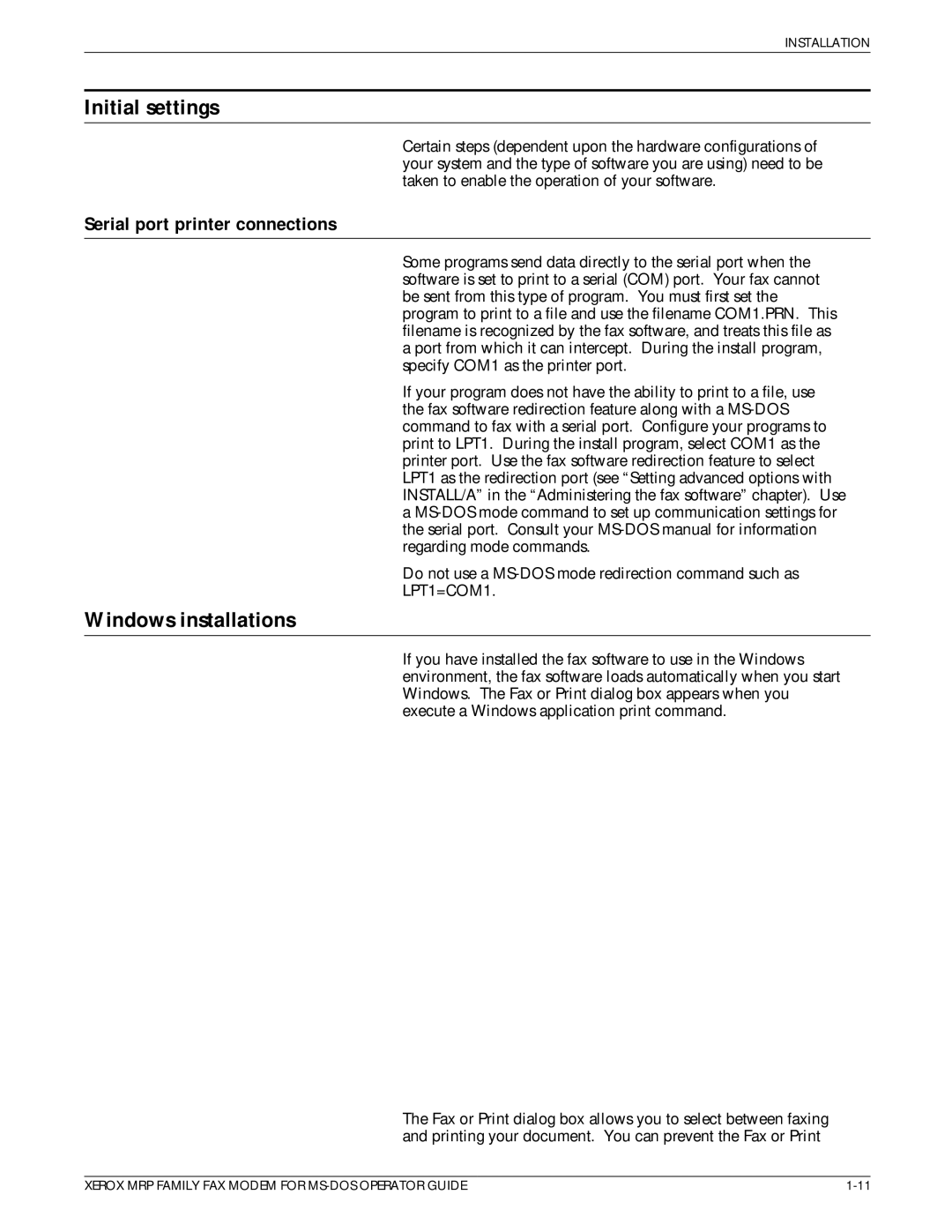 Xerox 4219/MRP, 4230/MRP, 4220/MRP manual Initial settings, Windows installations, Serial port printer connections 