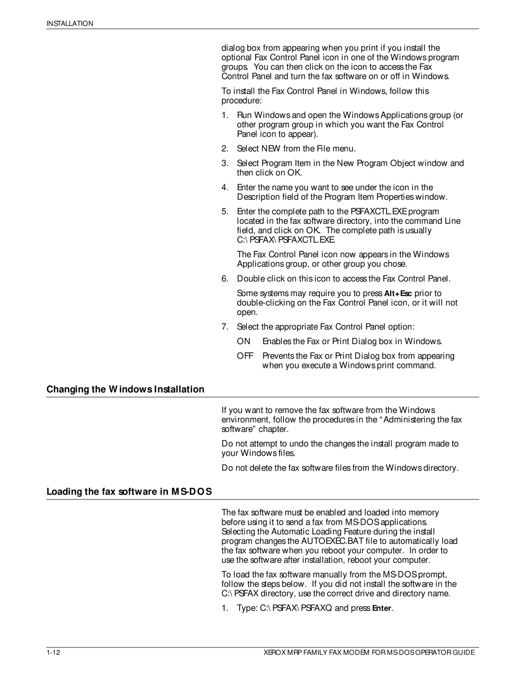 Xerox 4230/MRP, 4220/MRP, 4219/MRP manual Changing the Windows Installation, Loading the fax software in MS-DOS 