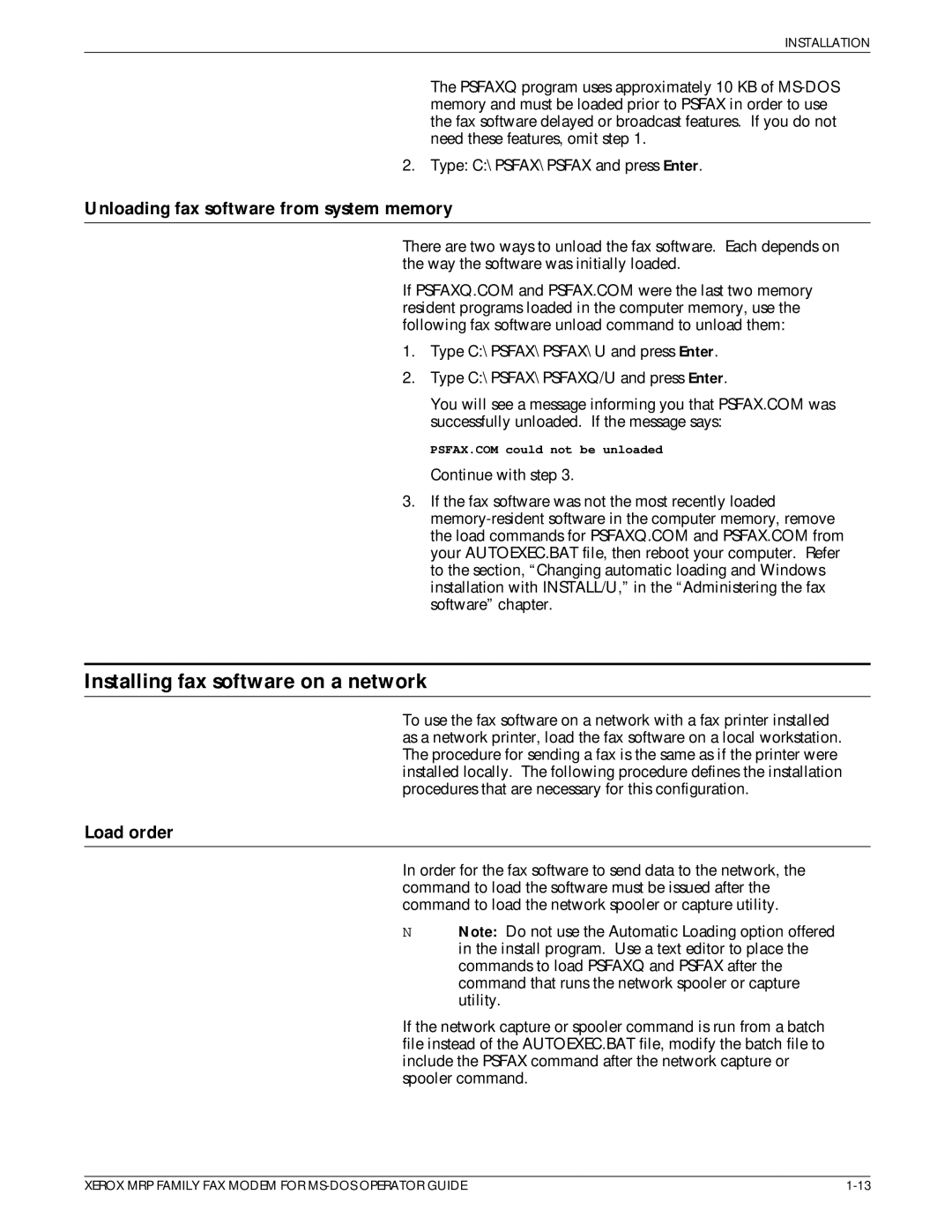 Xerox 4220/MRP, 4230/MRP manual Installing fax software on a network, Unloading fax software from system memory, Load order 