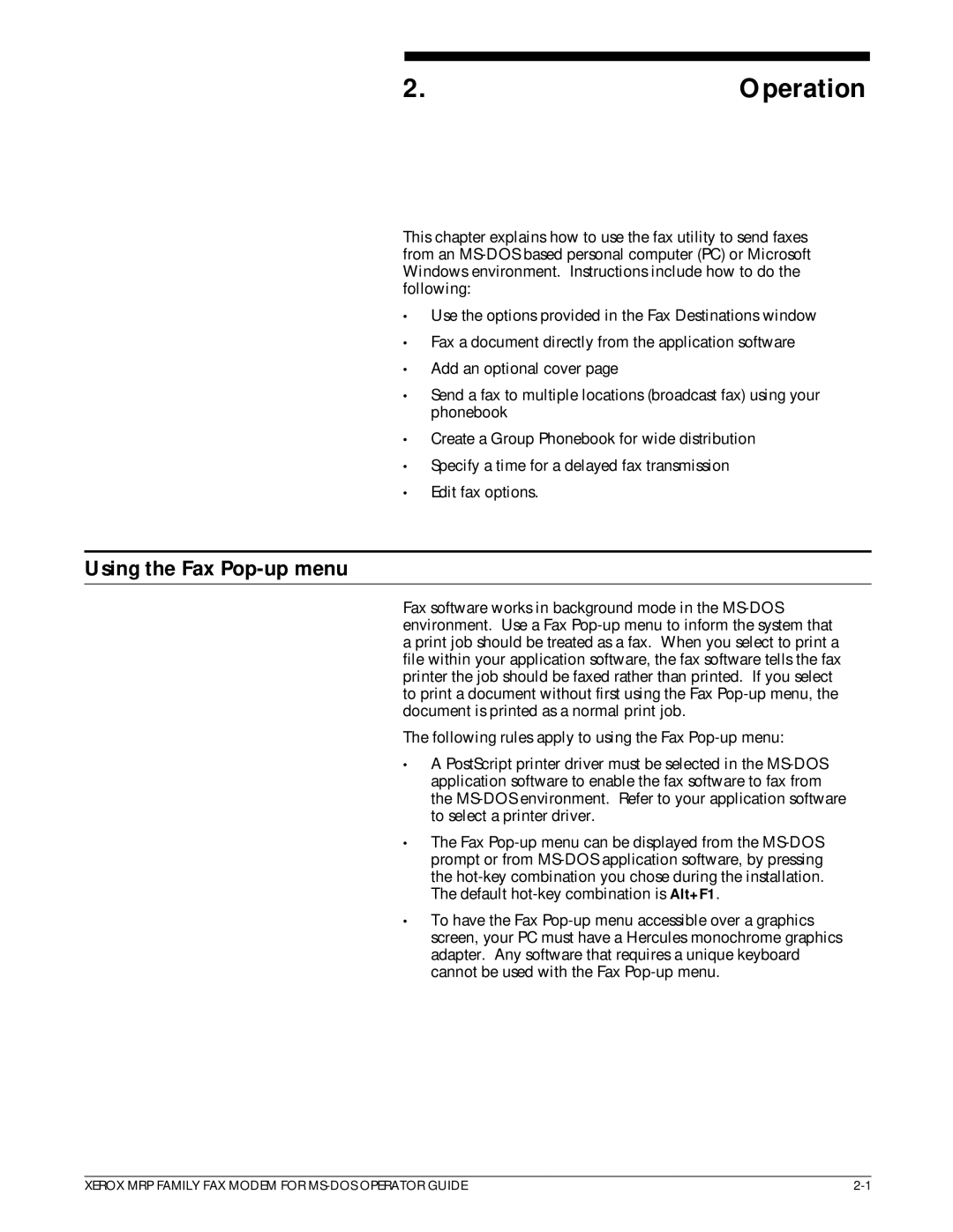 Xerox 4230/MRP, 4220/MRP, 4219/MRP manual Operation, Using the Fax Pop-up menu 