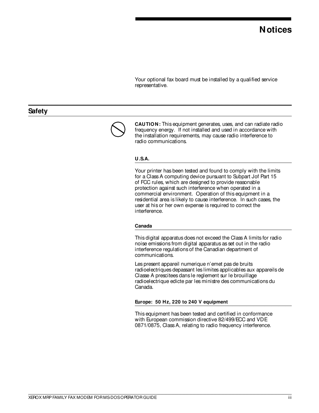 Xerox 4230/MRP, 4220/MRP, 4219/MRP manual Safety, Canada, Europe 50 Hz, 220 to 240 V equipment 