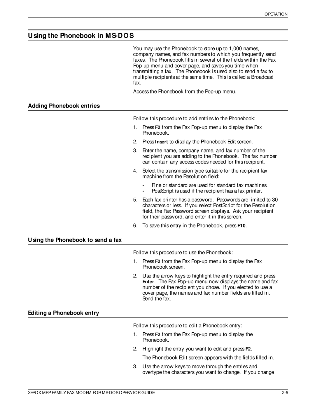 Xerox 4220/MRP, 4230/MRP manual Using the Phonebook in MS-DOS, Adding Phonebook entries, Using the Phonebook to send a fax 