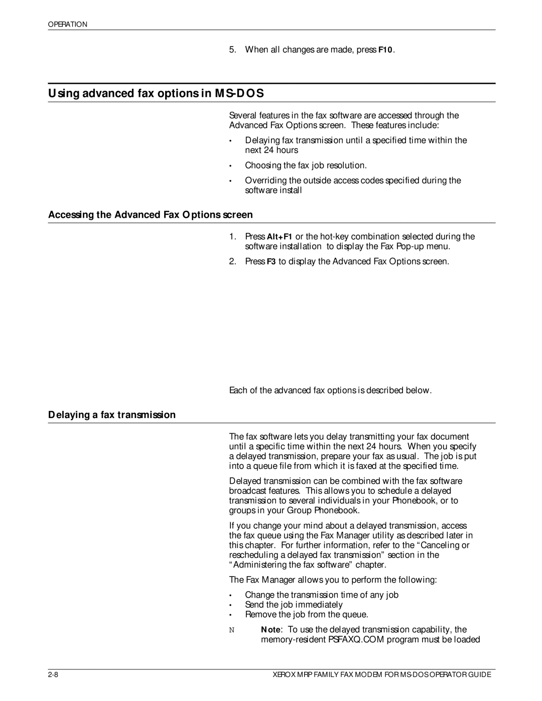 Xerox 4220/MRP, 4230/MRP, 4219/MRP manual Using advanced fax options in MS-DOS, Accessing the Advanced Fax Options screen 