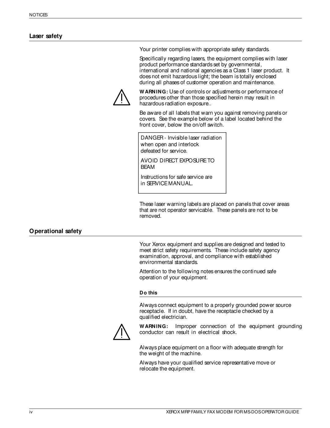 Xerox 4220/MRP, 4230/MRP, 4219/MRP manual Laser safety, Operational safety, Do this 