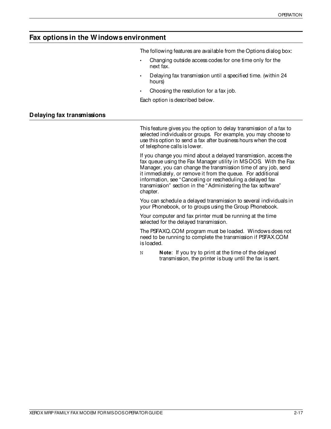 Xerox 4220/MRP, 4230/MRP, 4219/MRP manual Fax options in the Windows environment, Delaying fax transmissions 