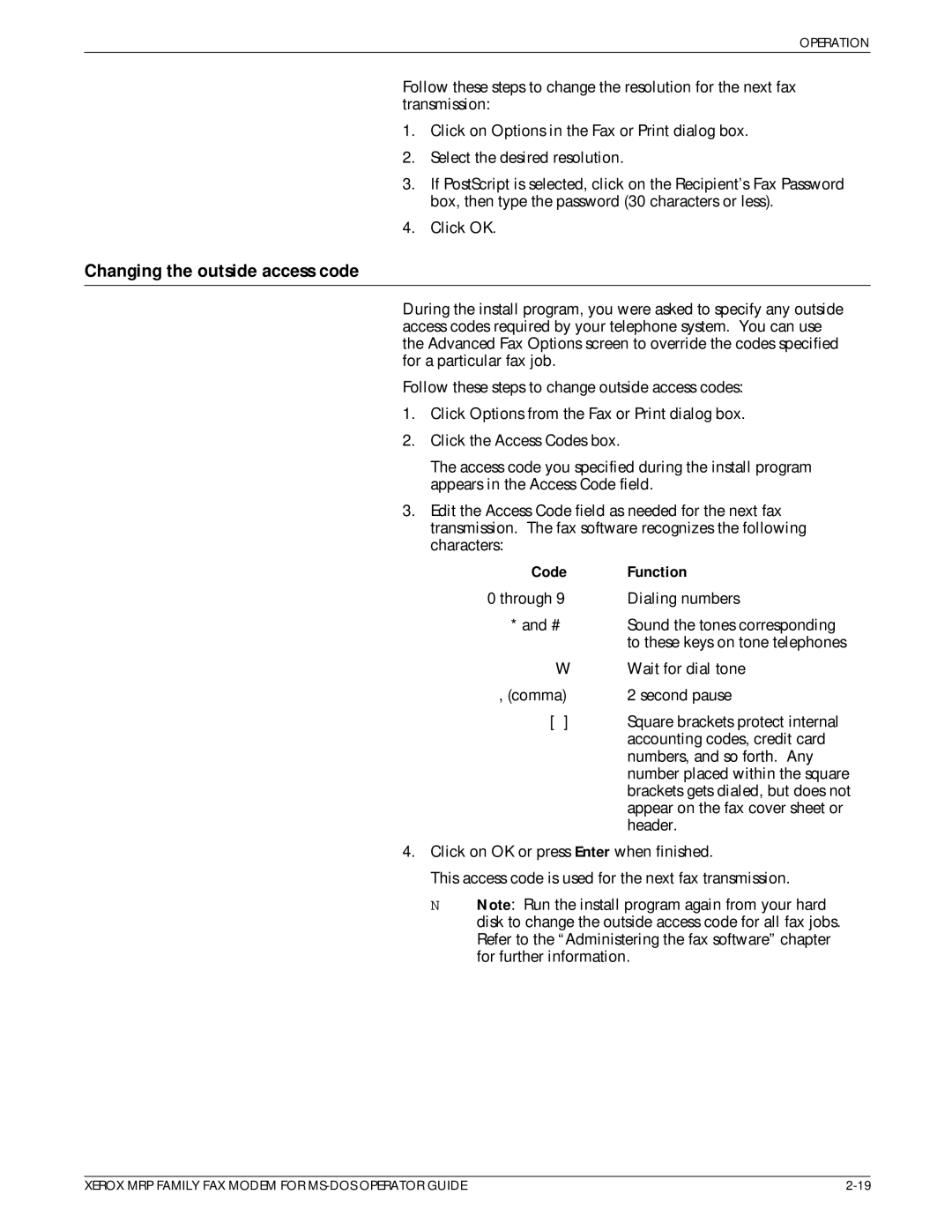 Xerox 4230/MRP, 4220/MRP, 4219/MRP manual Changing the outside access code, Code Function 