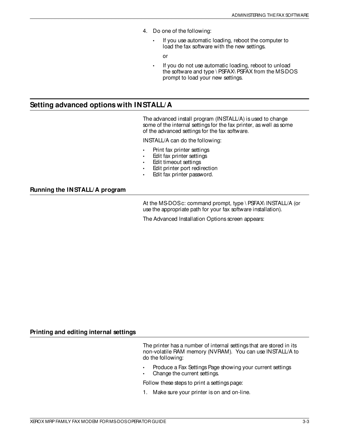 Xerox 4220/MRP, 4230/MRP, 4219/MRP manual Setting advanced options with INSTALL/A, Running the INSTALL/A program 