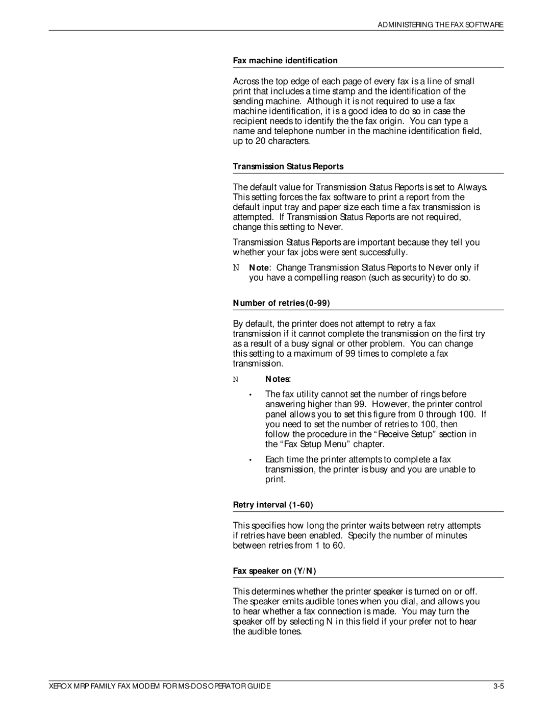 Xerox 4230/MRP, 4220/MRP manual Fax machine identification, Transmission Status Reports, Number of retries, Retry interval 