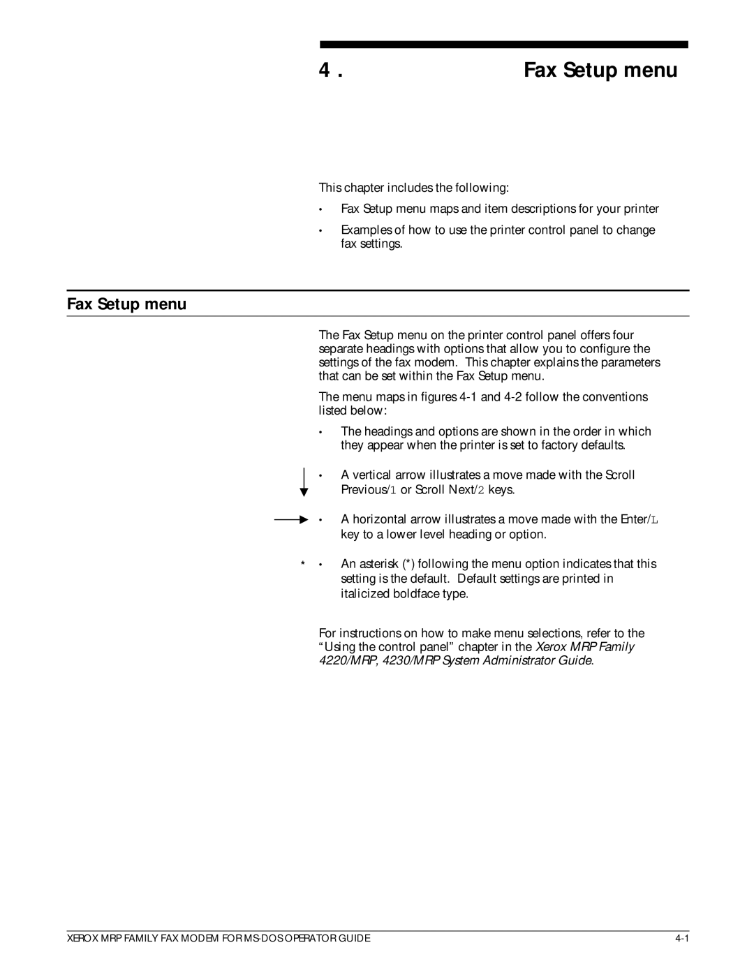 Xerox 4220/MRP, 4230/MRP, 4219/MRP manual Fax Setup menu 