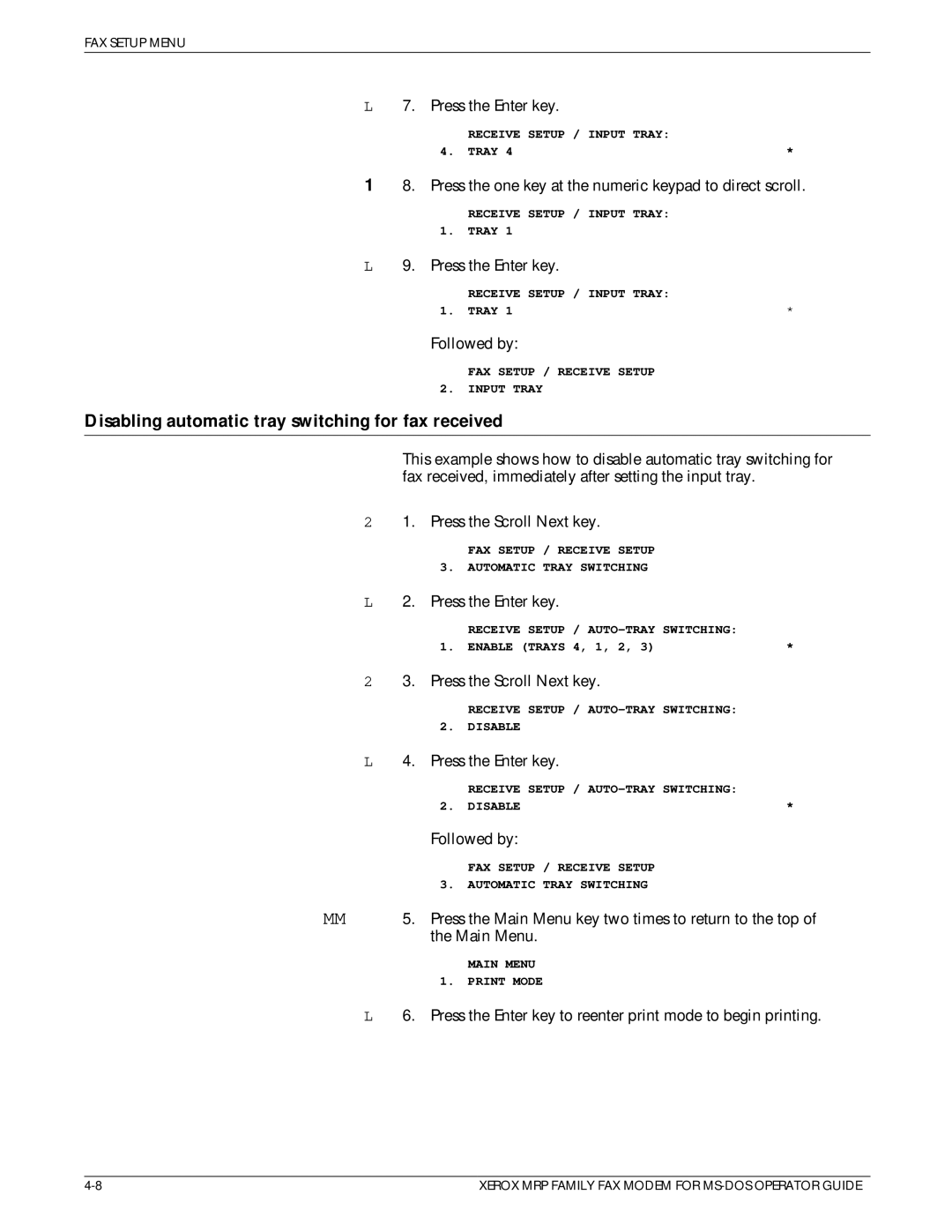 Xerox 4219/MRP, 4230/MRP, 4220/MRP manual Disabling automatic tray switching for fax received, Press the Enter key 