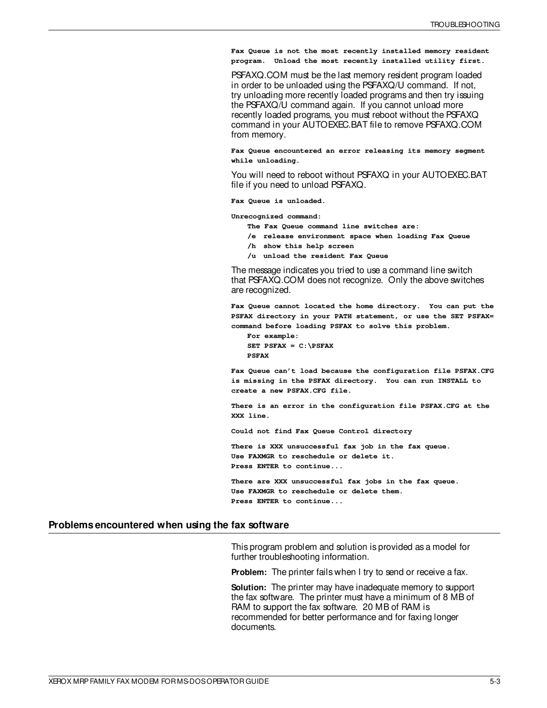 Xerox 4230/MRP, 4220/MRP, 4219/MRP manual Problems encountered when using the fax software 