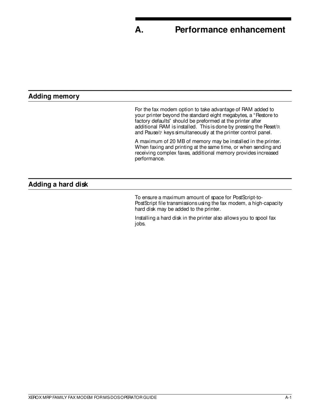 Xerox 4230/MRP, 4220/MRP, 4219/MRP manual Performance enhancement, Adding memory, Adding a hard disk 