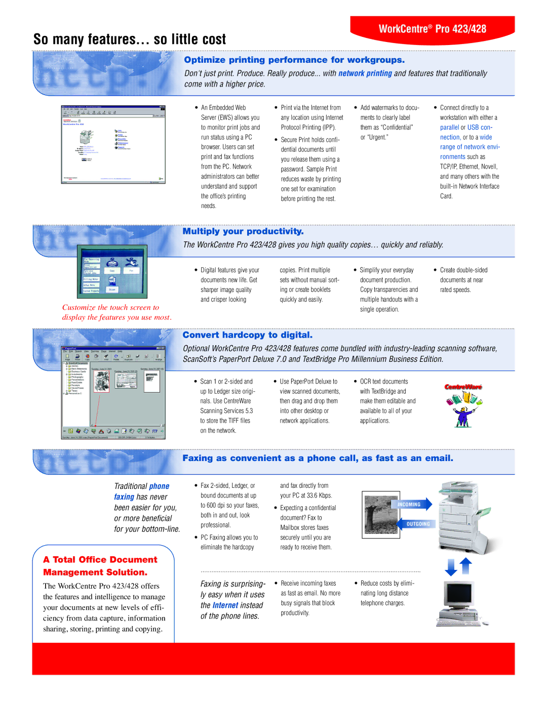 Xerox 423/428 manual So many features... so little cost, Optimize printing performance for workgroups 