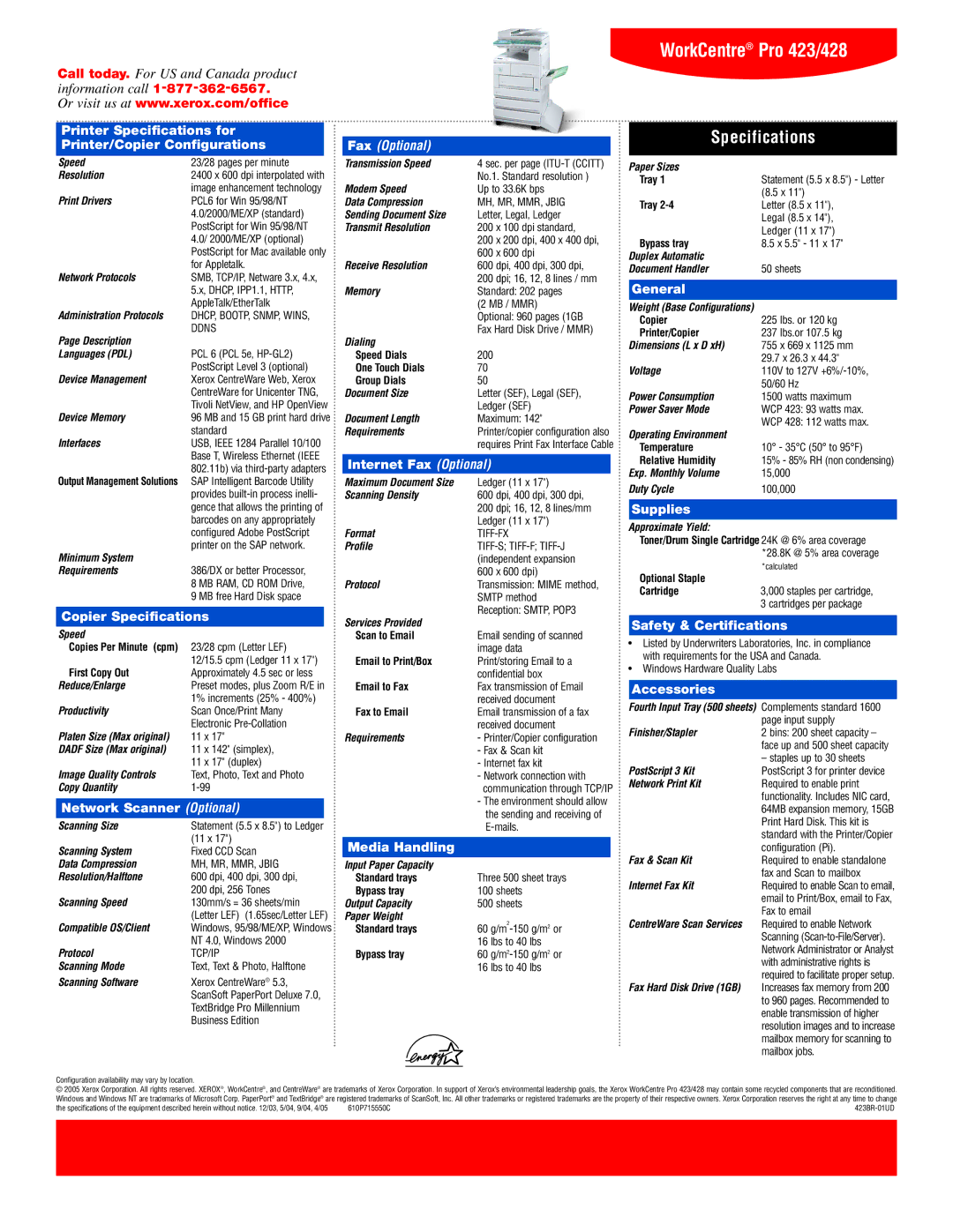 Xerox 423/428 manual Specifications 