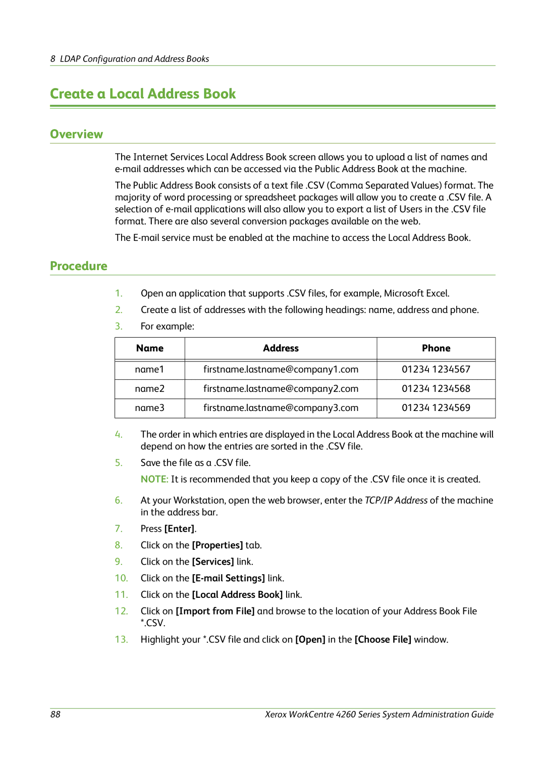 Xerox 4260 Series manual Create a Local Address Book, Overview, Name Address Phone, Click on the Local Address Book link 