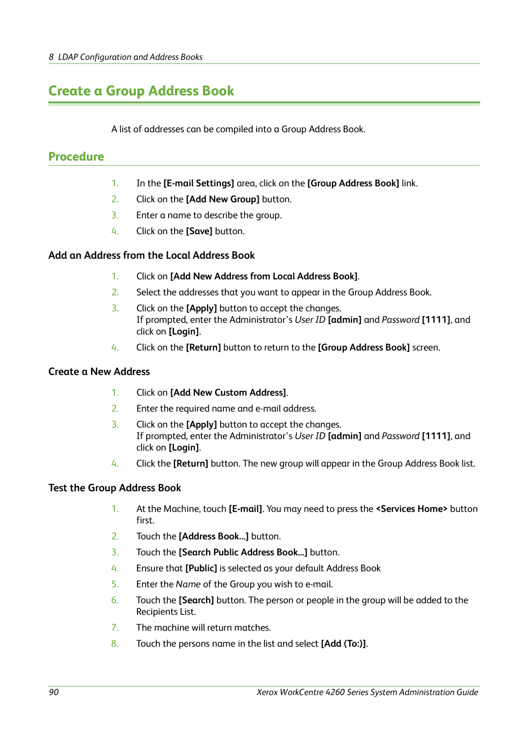 Xerox 4260 Series manual Create a Group Address Book, Add an Address from the Local Address Book, Create a New Address 