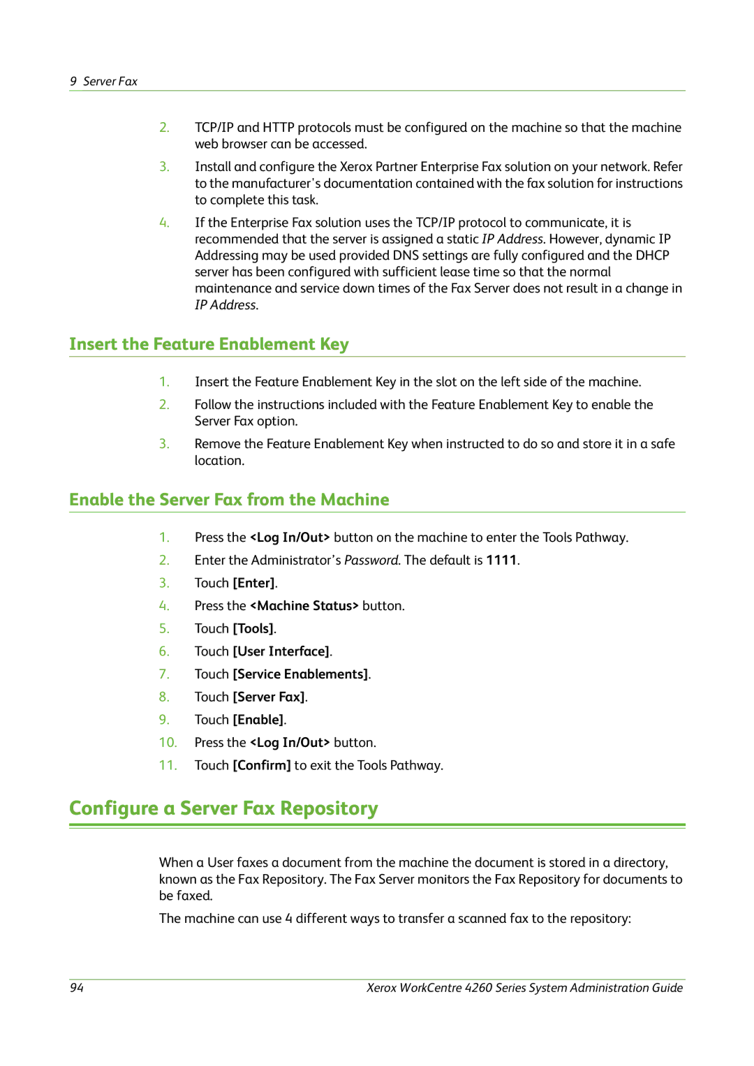 Xerox 4260 Series manual Configure a Server Fax Repository, Insert the Feature Enablement Key 